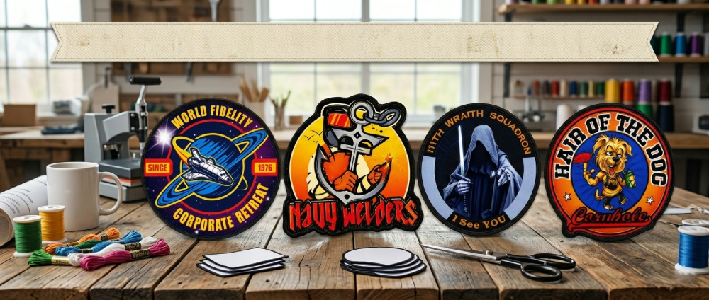 Modern clothing with patches printed by sublimation full-color photo print branding