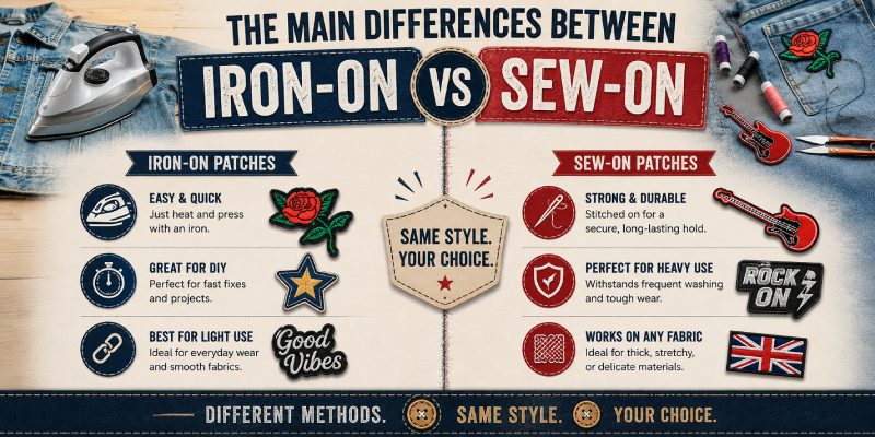 The main differences between iron-on and sew-on patches