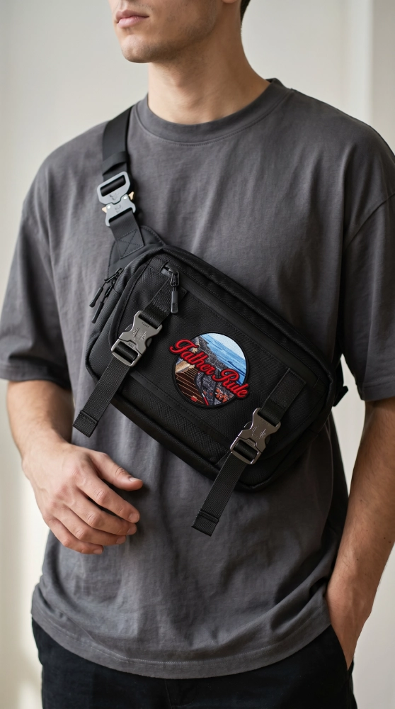 A man wears a bag with a retro embroidered patch, showcasing custom embroidery patches for clothes and accessories