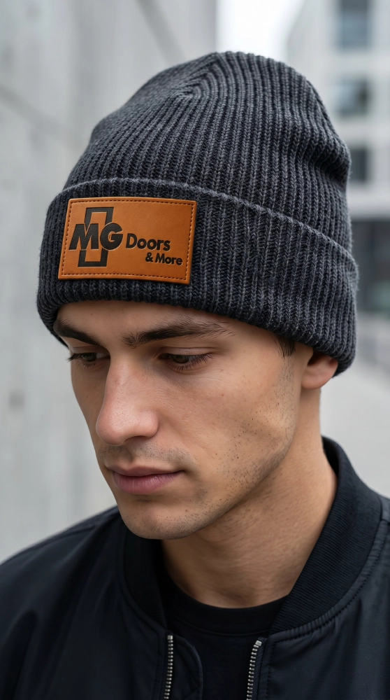 A man wears a beanie with a custom leather patch, showcasing personalized leather patches for hats and clothing