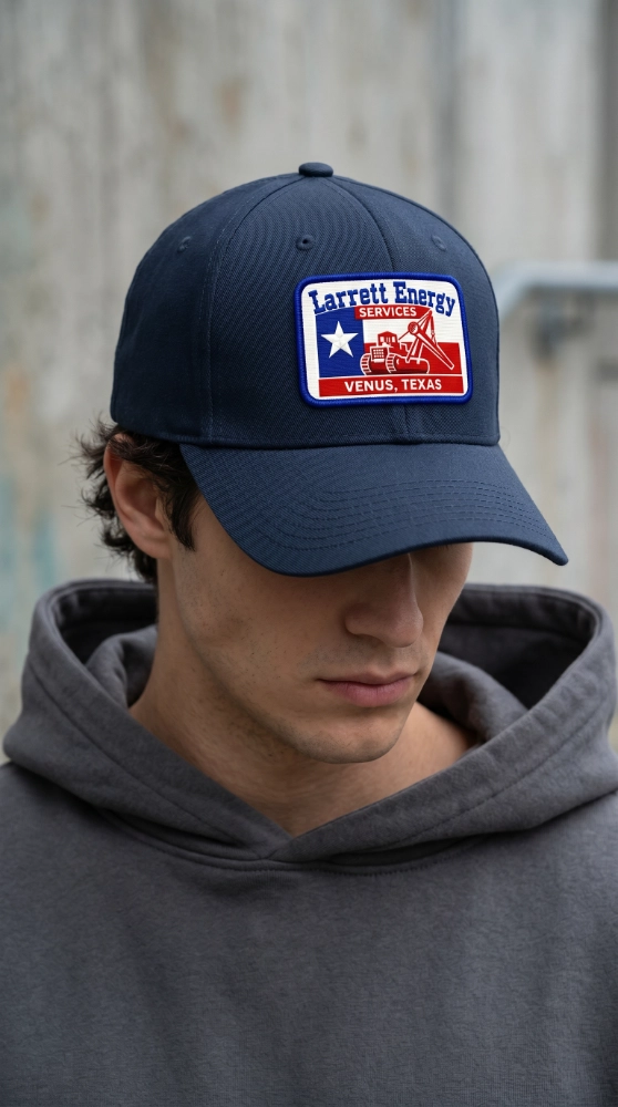 A man wears a cap featuring a custom embroidered patch with a USA Texas flag design, showcasing retro embroidered patches style