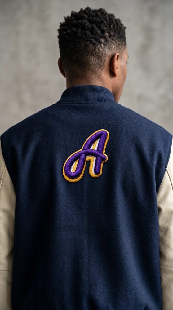 A varsity jacket with a chenille letter patch A showcases custom embroidered patches for clothes and personalized style