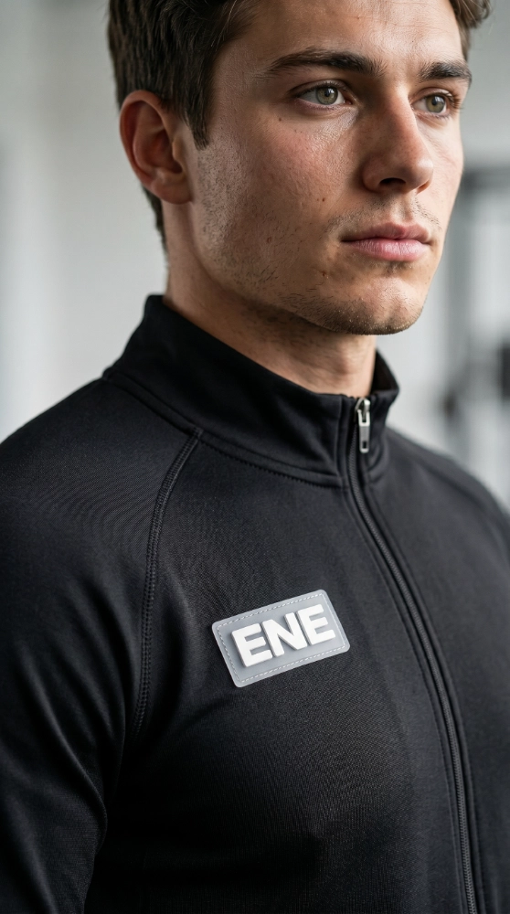 Man in black jacket with custom silicone patch on chest, showcasing personalized design options for clothing