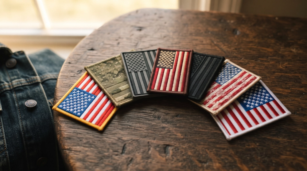 Collection of embroidered and Velcro-backed American flag patches in full-color and subdued styles displayed on a wooden table