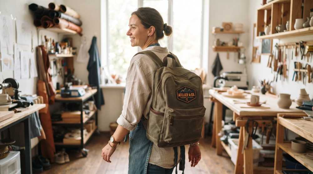 Artisan in a craft workshop wearing a canvas backpack with a custom logo patch