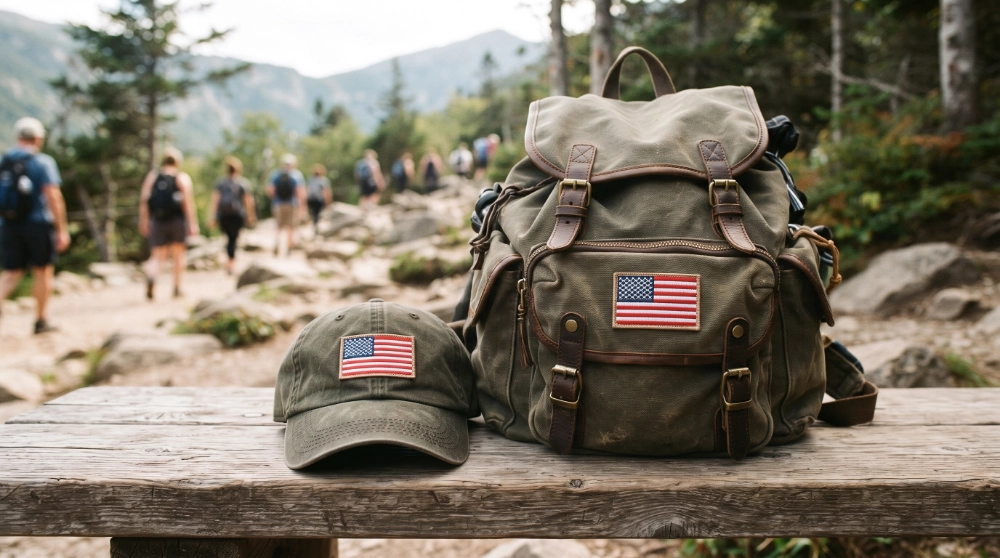 Baseball cap and backpack with small embroidered American flag patches for everyday travel gear