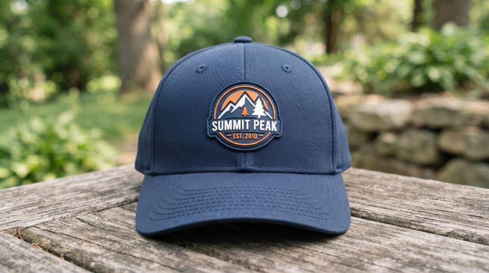 Navy baseball cap with a raised 3D PVC logo patch on the crown, outdoor setting