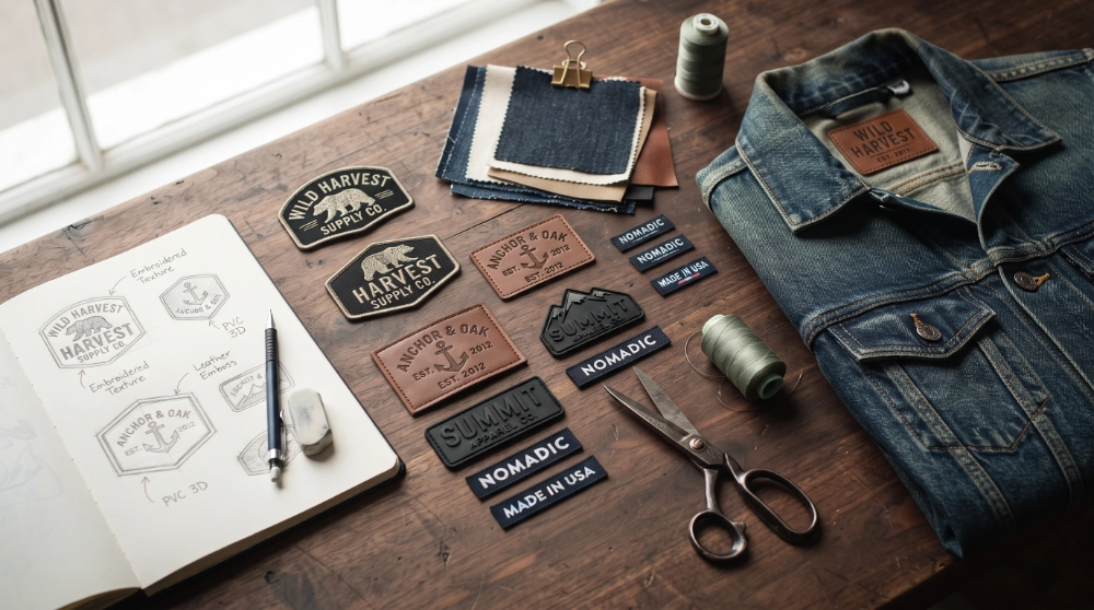 Custom branding patches, logo sketches, and denim jacket on a wooden workbench