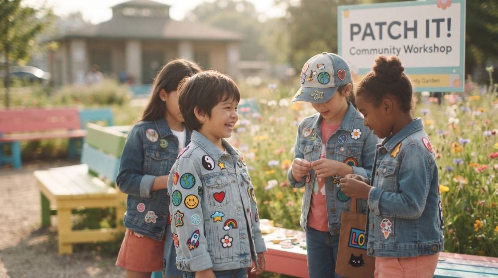 	Group of children outdoors at a "Patch It! Community Workshop," wearing denim jackets and a cap covered in colorful patches like planets, hearts, and rainbows.
