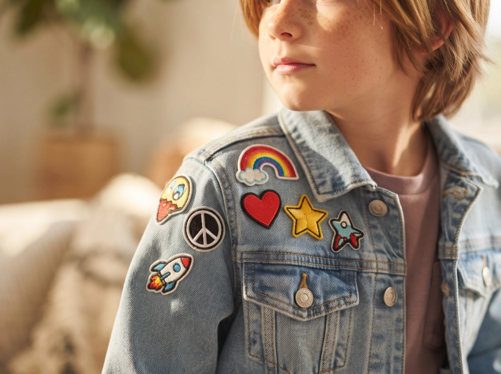 	Close-up of a child wearing a light denim jacket with patches on the chest and shoulder, including a rainbow, heart, star, rocket, and peace sign.