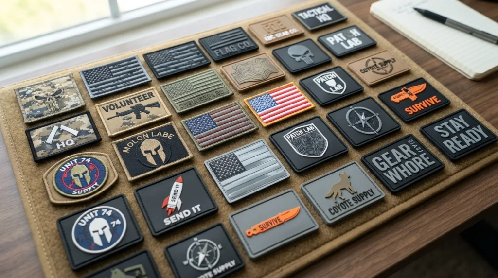 Collection of custom Velcro patches displayed on a tactical patch board with PVC, embroidered, and flag designs.