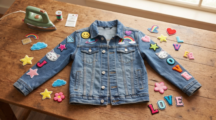 Patches for Clothes Pair of kids' denim jeans on a wooden surface with a large embroidered rocket-ship patch on the thigh, surrounded by scissors, thread, and extra flower and heart patches.