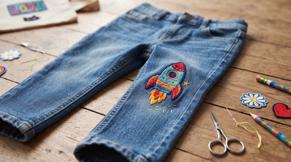Iron-on patch covering a knee hole on a pair of jeans