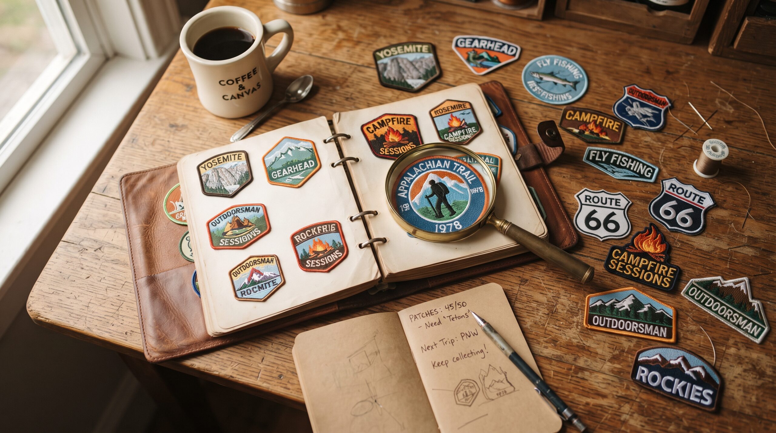 Patch collection organized inside a storage binder with travel and outdoor embroidered patches.
