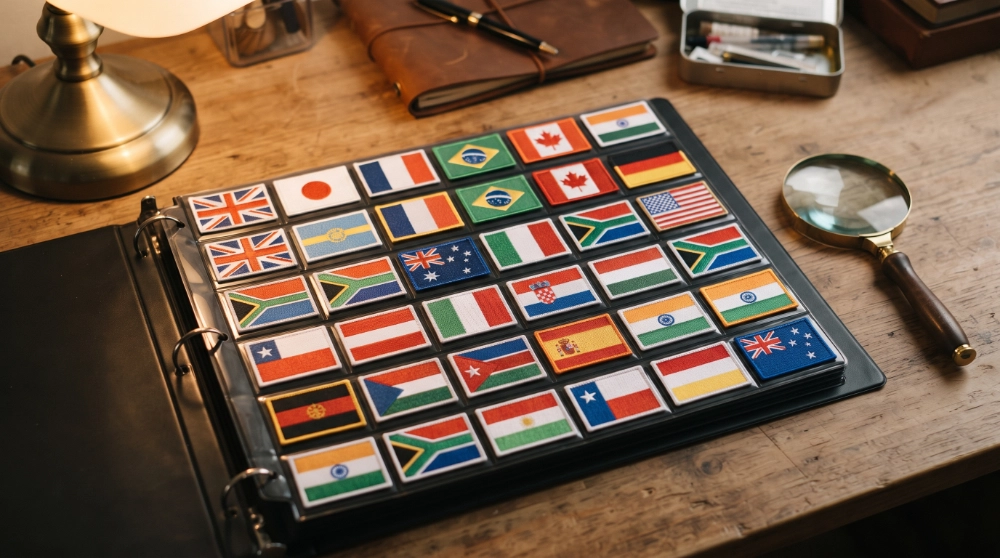 Open binder page displaying a collection of embroidered flag patches from different countries