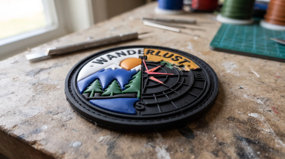 Finished multi-color PVC patch on a workbench showing raised mold texture and color separation lines