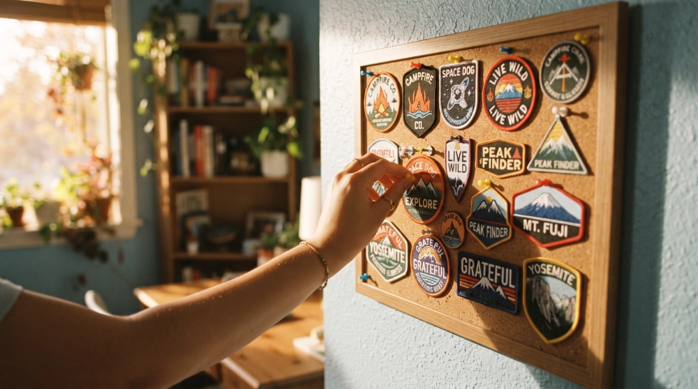 Person arranging a custom patch collection on a cork board for display and organization.