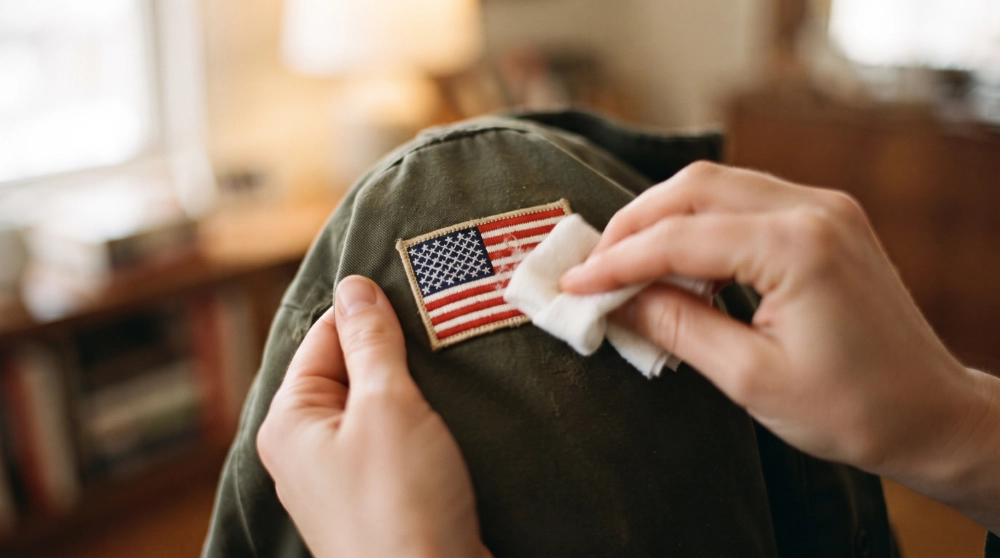 Hands gently spot-cleaning an embroidered American flag patch on a jacket