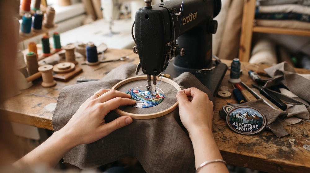 Hands creating a custom embroidered patch using an embroidery machine in a workshop.