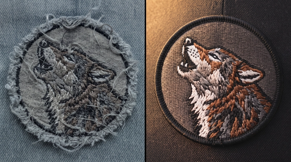 Comparison of a frayed embroidered patch and a high-quality custom embroidered patch with clean stitching and merrowed border.