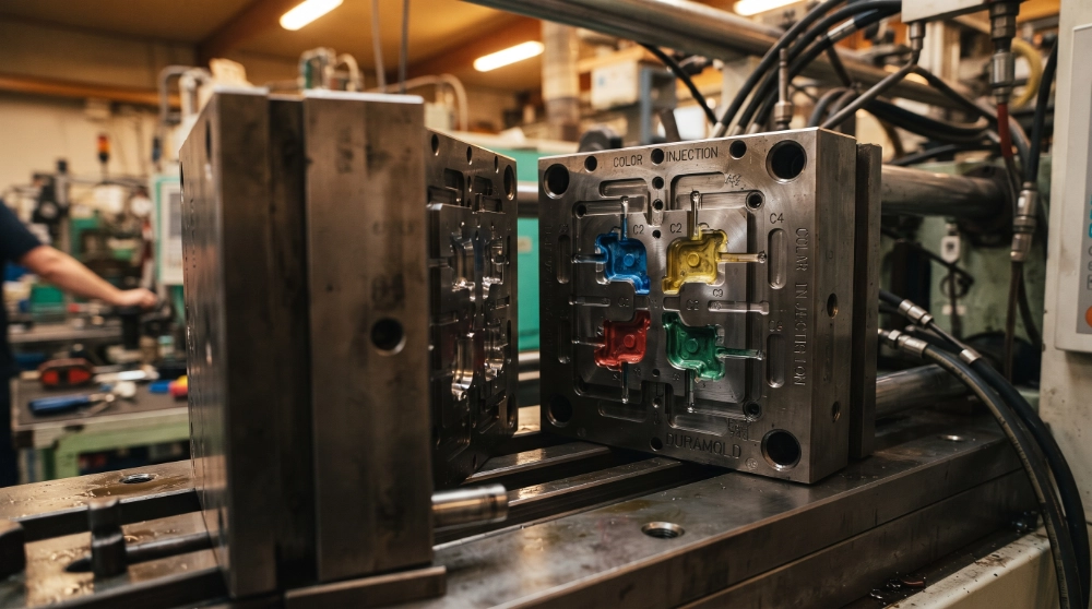 Open metal injection mold with color cavities used to manufacture PVC patches