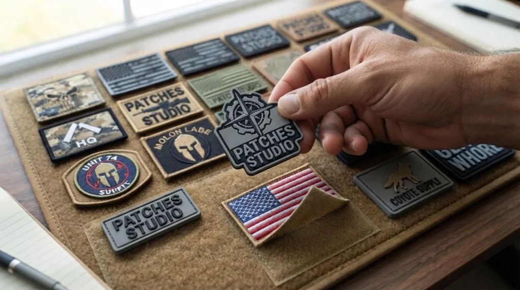 Hand placing a custom hook-and-loop PVC patch onto a tactical display board featuring embroidered name patches, military flag patches, and morale patches.