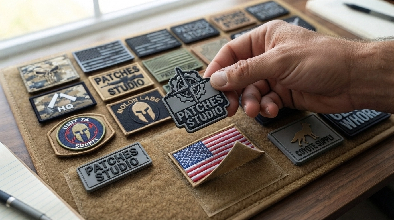 Hand attaching a custom hook-and-loop patch to a tactical display with military and PVC patches.