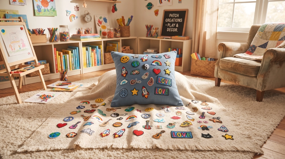 	Blue throw pillow covered in embroidered patches sitting atop a cream knit blanket scattered with dozens of small patches, in a cozy children's playroom with a "Patch Creations - Play & Decor" sign.