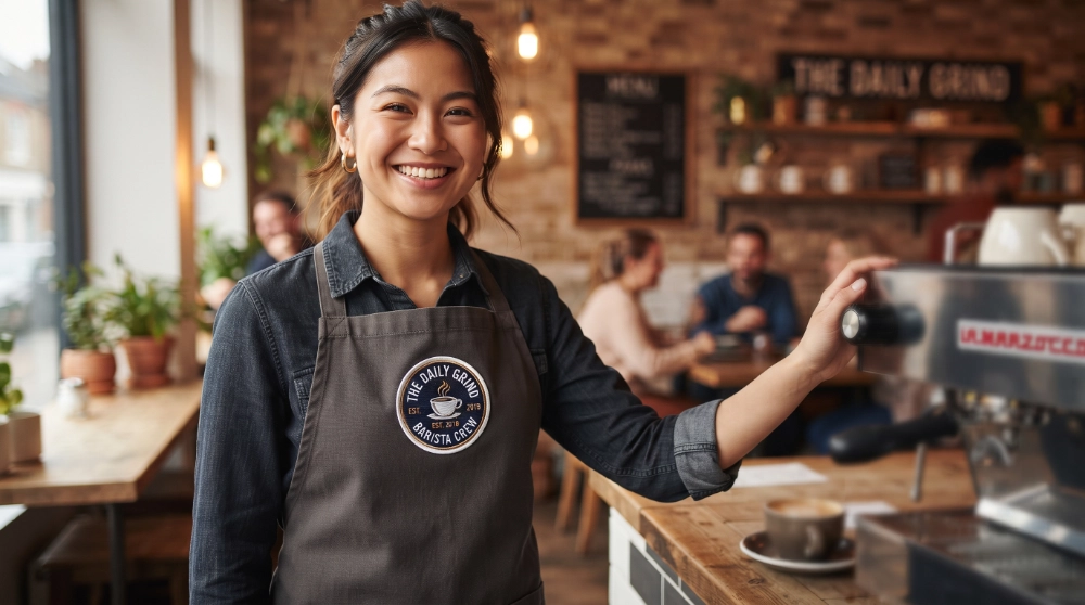 Barista wearing a dark apron with a custom embroidered logo patch in a modern cafe