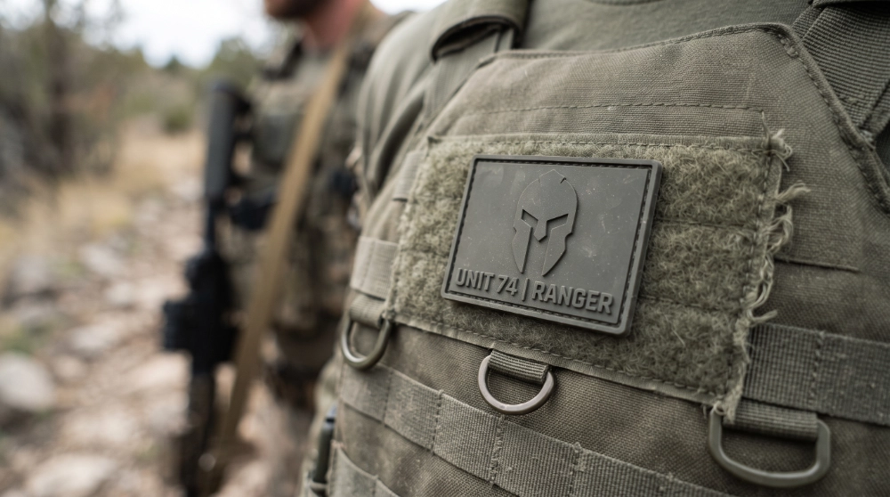 Subdued gray PVC morale patch with skull design attached to a tactical vest via Velcro