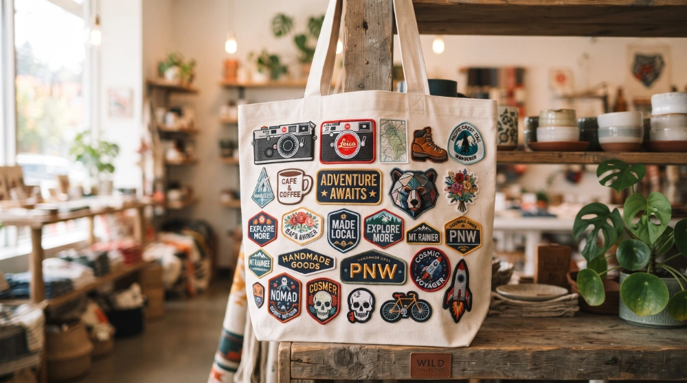 Canvas tote bag with a variety of colorful custom patches displayed inside a boutique shop