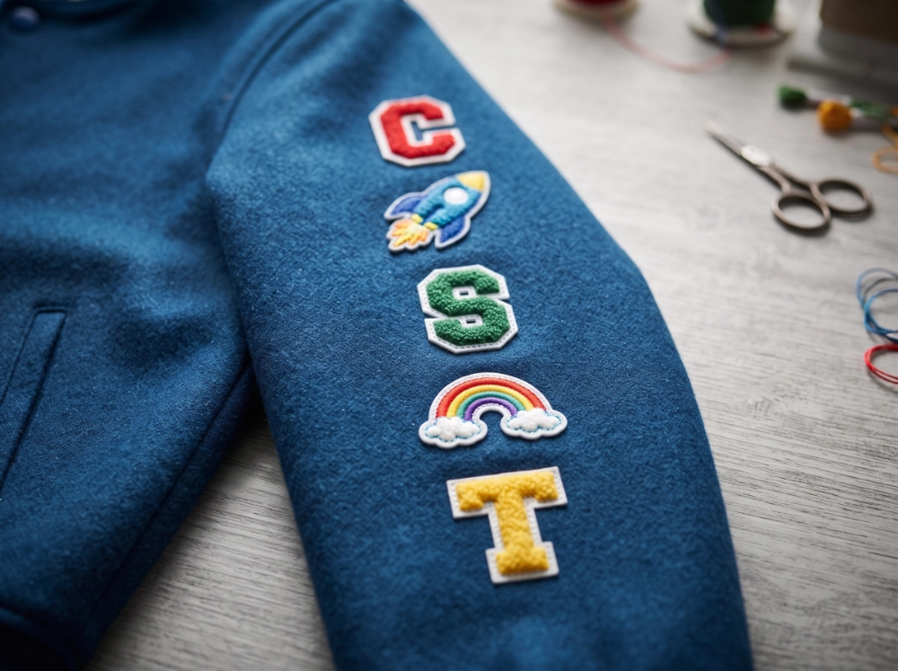 	Close-up of a teal varsity-style jacket sleeve featuring letter patches spelling "C S T" alongside a rocket and rainbow patch, with sewing scissors and thread in the background.