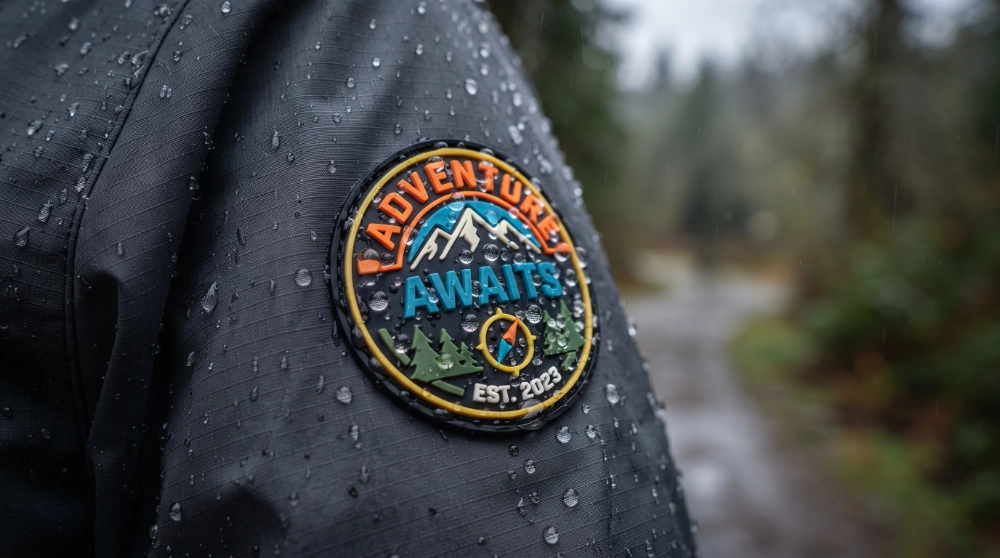Water droplets beaded on a colorful raised PVC patch attached to a rain jacket shoulder