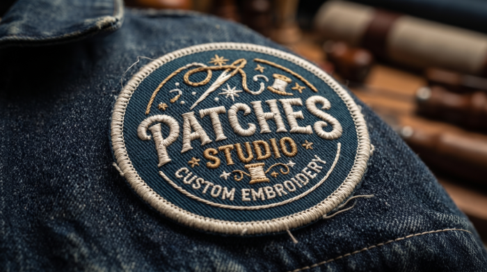 Custom embroidery patches on denim jacket, showcasing detailed clothing patches embroidery work by Patches Studio.