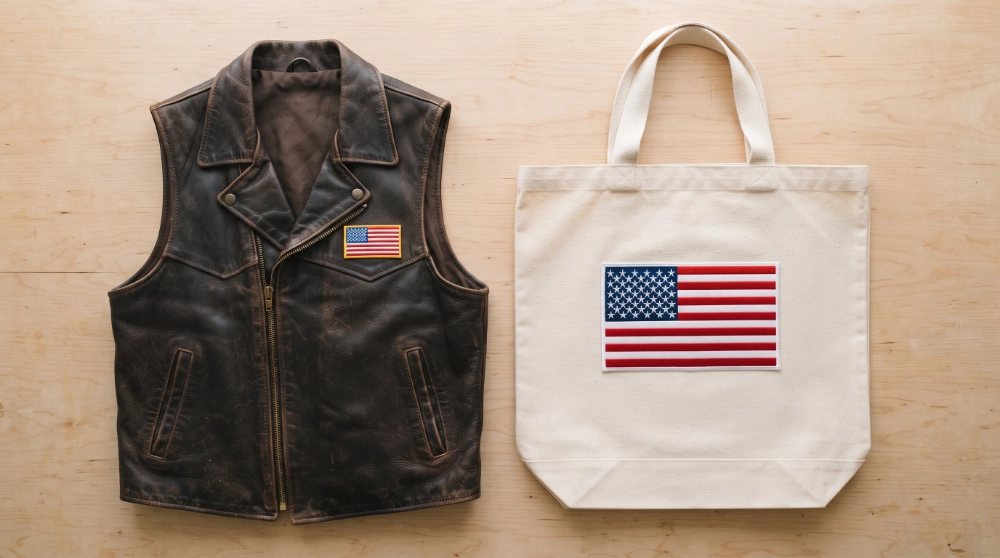 Leather vest and canvas tote bag each featuring an embroidered American flag patch in different placements