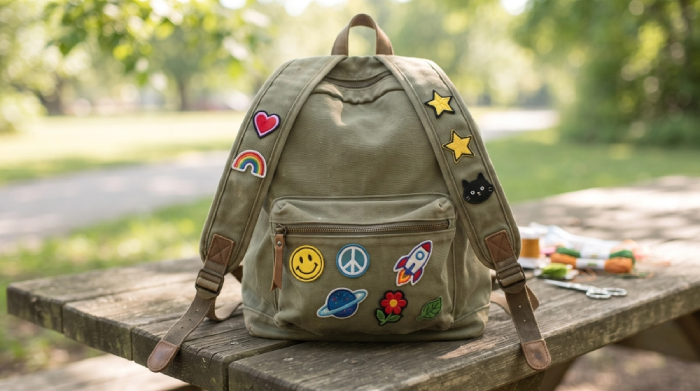 	Olive canvas backpack decorated with iron-on patches — heart, rainbow, stars, black cat, smiley face, peace sign, rocket, planet, and flower — resting on a wooden picnic table outdoors.