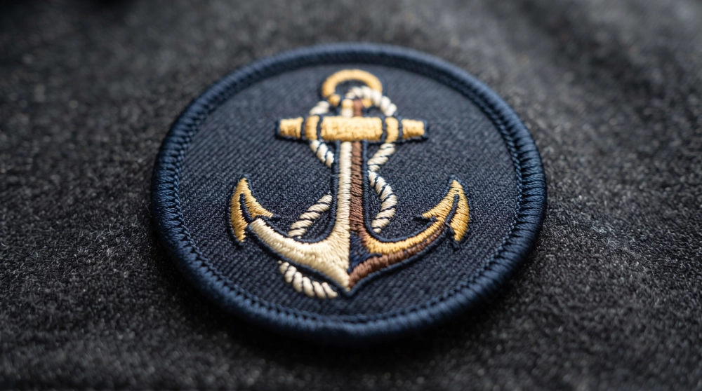 Close-up of a premium embroidered anchor patch with dense stitching and a merrowed edge.