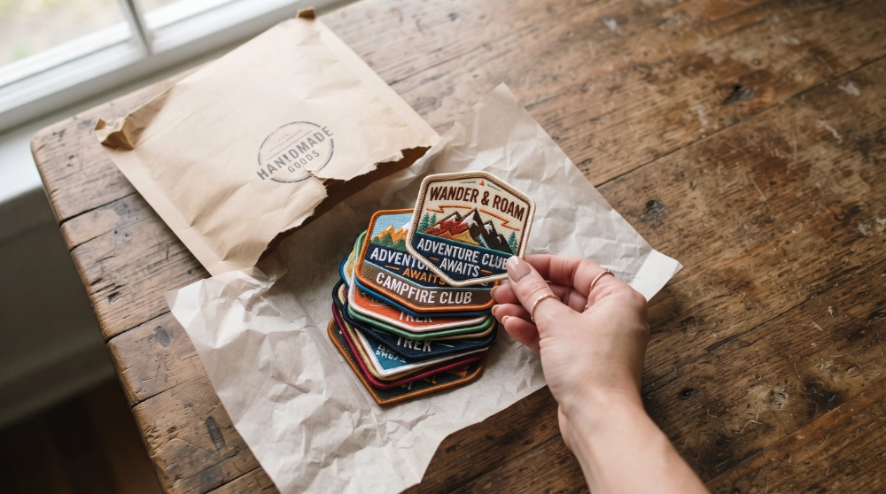Hand opening a package of custom embroidered patches from a trusted patch manufacturer.