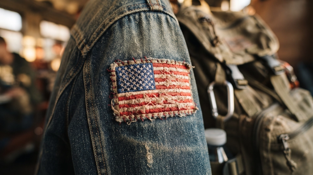 Close-up of an embroidered American flag patch stitched onto a denim jacket sleeve