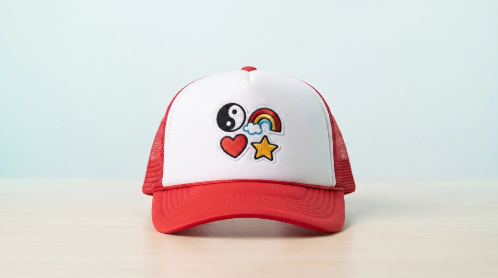 Red and white kids' trucker cap with a yin-yang, rainbow, heart, and star patch embroidered on the front panel, shown against a soft mint-green background.