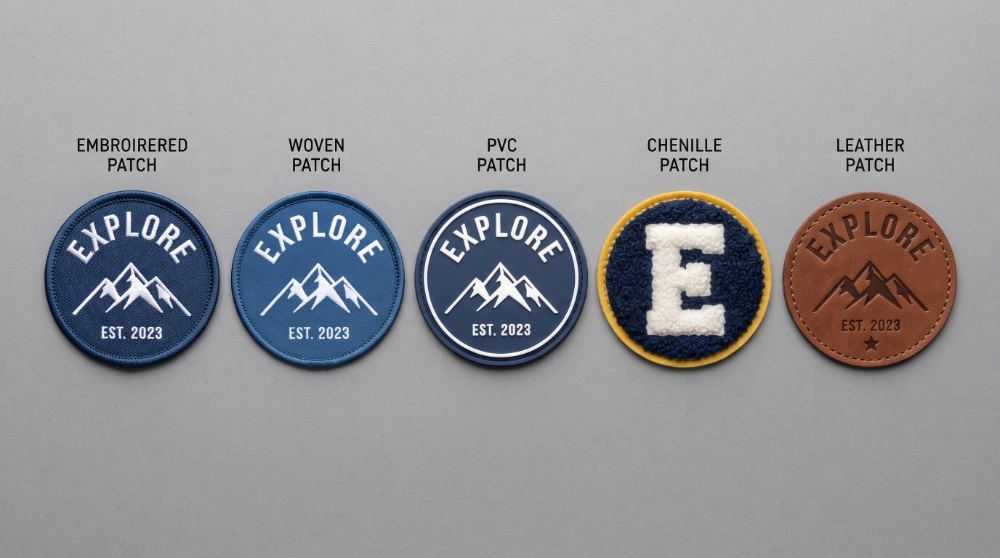 Comparison of embroidered, woven, PVC, chenille, and leather custom patches.