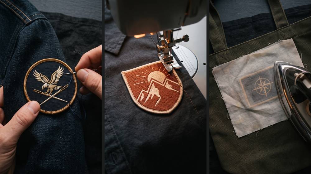 Three ways to sew on a patch: hand sewing an eagle patch onto denim, machine stitching a patch on fabric, and ironing a patch onto a canvas bag